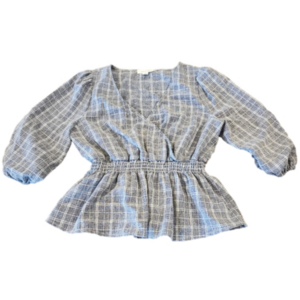 Treasure & Bond Smocked Waist faux wrap plaid blouse top in Grey Graphite medium
